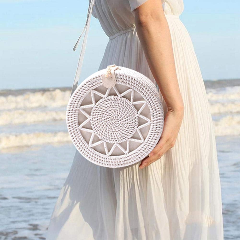 Rattan Purse for Women - Handwoven Round Rattan Bag Straw Beach Bag with Leather Straps - White ...