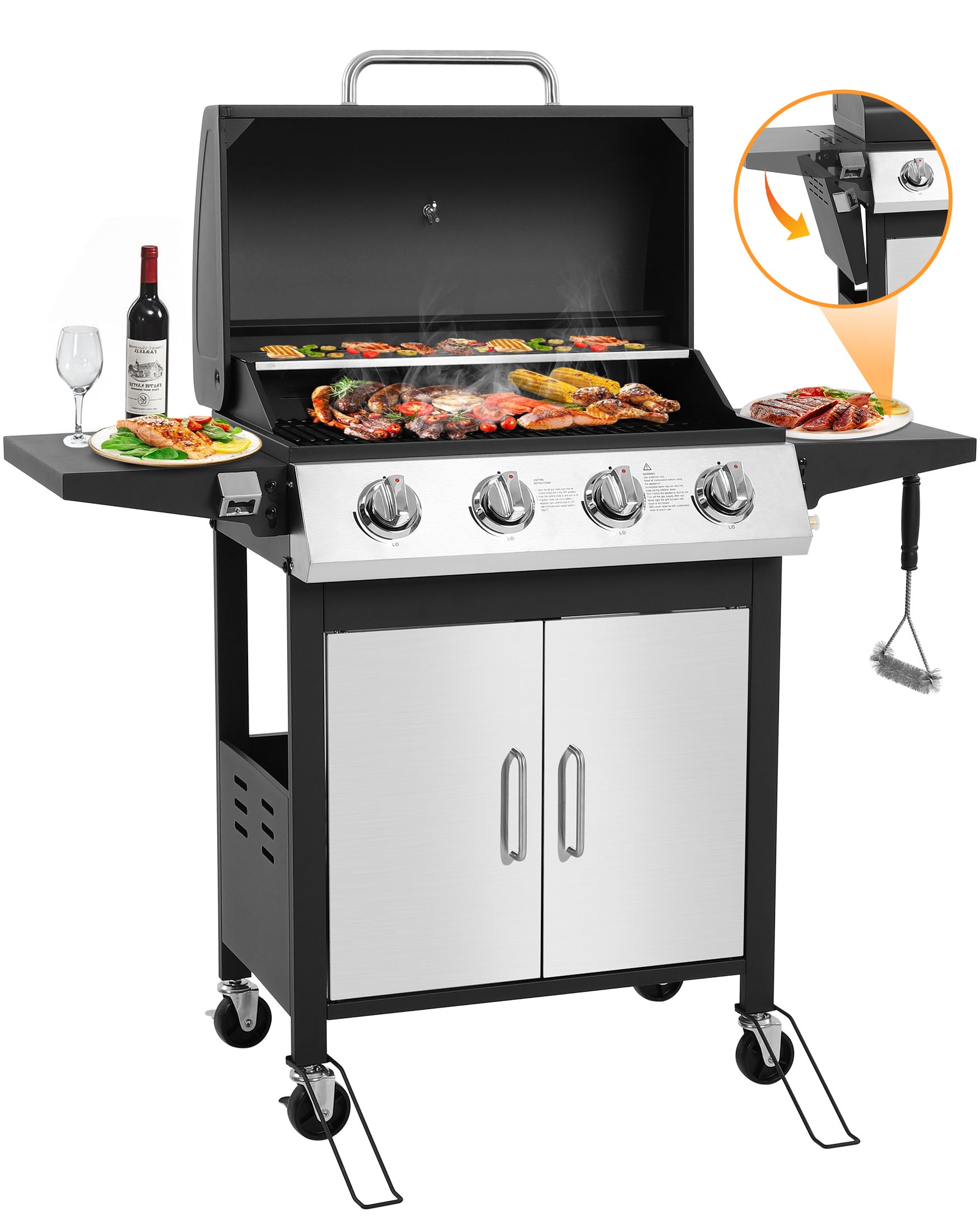 SEGMART 4 Burner BBQ Propane Gas Grill, Stainless Steel 40,000 BTU Patio Garden Barbecue Grill with Side Tables, Cleaning Brush & Thermometer, Perfect for Camping, Outdoor Cooking