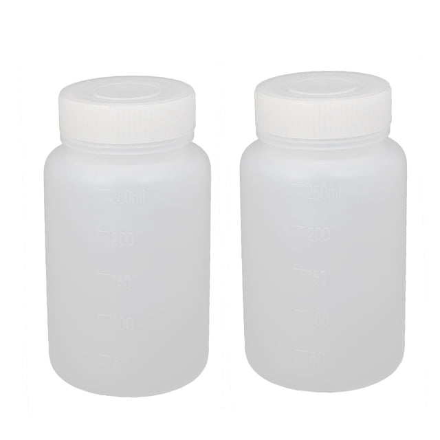 Botella de reactivo de laboratorio de boca ancha de plástico de 250 ml, 2 piezas, blanca