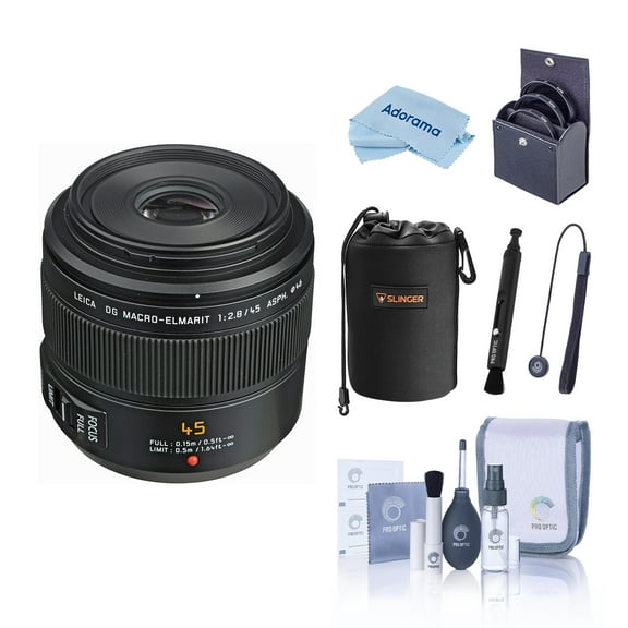 Panasonic LUMIX G Leica DG Macro-Elmarit 45mm f/2.8 Aspherical Lens for Micro Four Thirds, Bundle with Lens Pouch, 46mm Filter Kit, Cleaning Kit, Lens Pen Cleaner and Microfiber Cleaning Cloth