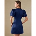 thumbnail image 6 of Navy Blue Satin Mini Dress With Puff Sleeves, Bow Neck, V-Neck Cutout And Ruched Waist, 6 of 7