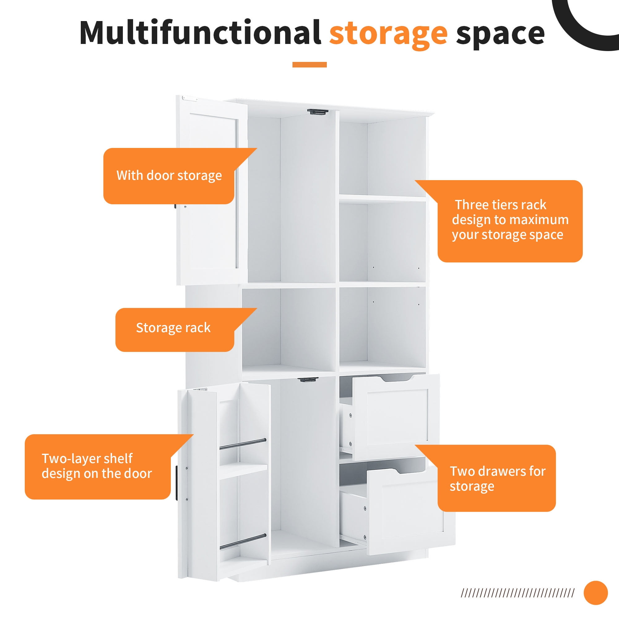 EUROCO 62'' Tall Bathroom Storage Cabinet, MDF Board Floor Storage Cabinet with 2 Doors, 2 Drawers and Adjustable & Door shelves, Freestanding Cabinet for Bathroom, Living Room, Home Office, White