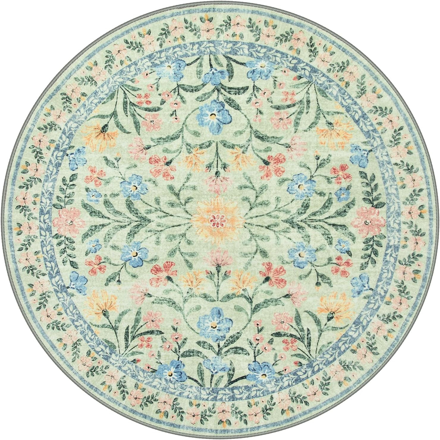 Moynesa 5'Round Boho Light Green Rug, Washable Small Circle Rugs for Bedroom,Nursery Circular Rug Girl, Soft Non-Slip Round Carpet for Kids Sunroom,Green