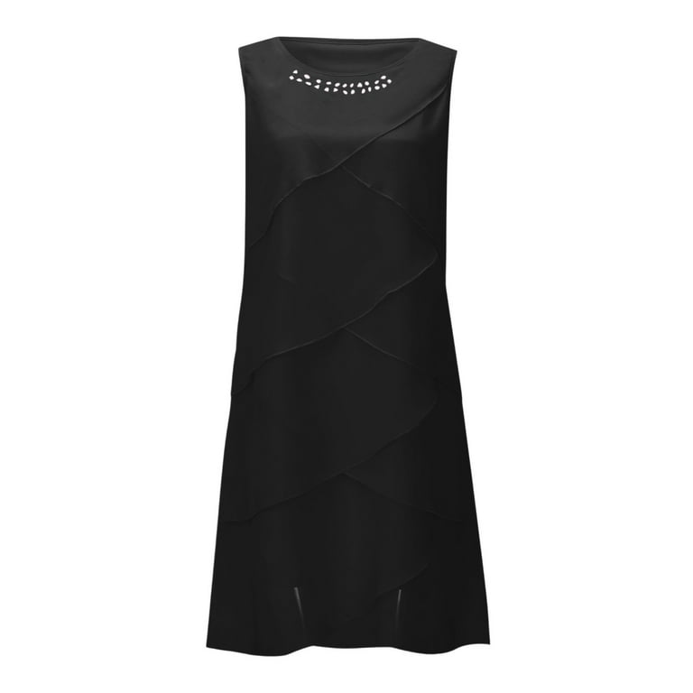 gcong Dress Midi Womens Sleeveless Dresses Evening Dress Round Neck Flowy  Elegant Tiered Midi Wedding Guest Dress Black - Walmart.com
