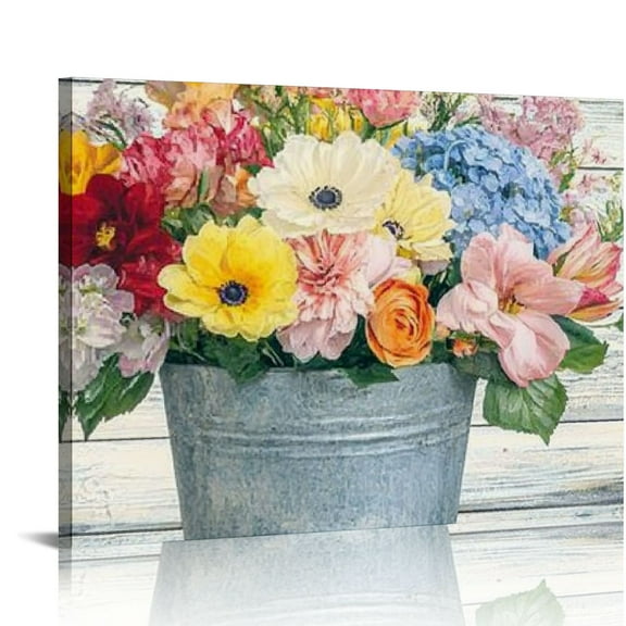 FCXZI Colorful Flower Canvas Wall Art Country Blossom Floral Pictures Rustic Flower Market Canvas Paintings Modern Artwork for Bathroom Bedroom Living Room Decor 16x12in