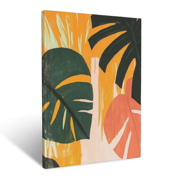 CozyNet Tropical Inspired Abstract Artwork Featuring Overlapping Monstera & Palm Leaves Wall Art Prints With Frame Canvas Perfect for Living Room & Bedroom, Ready to Hang, Wall Decor 12"x16"in