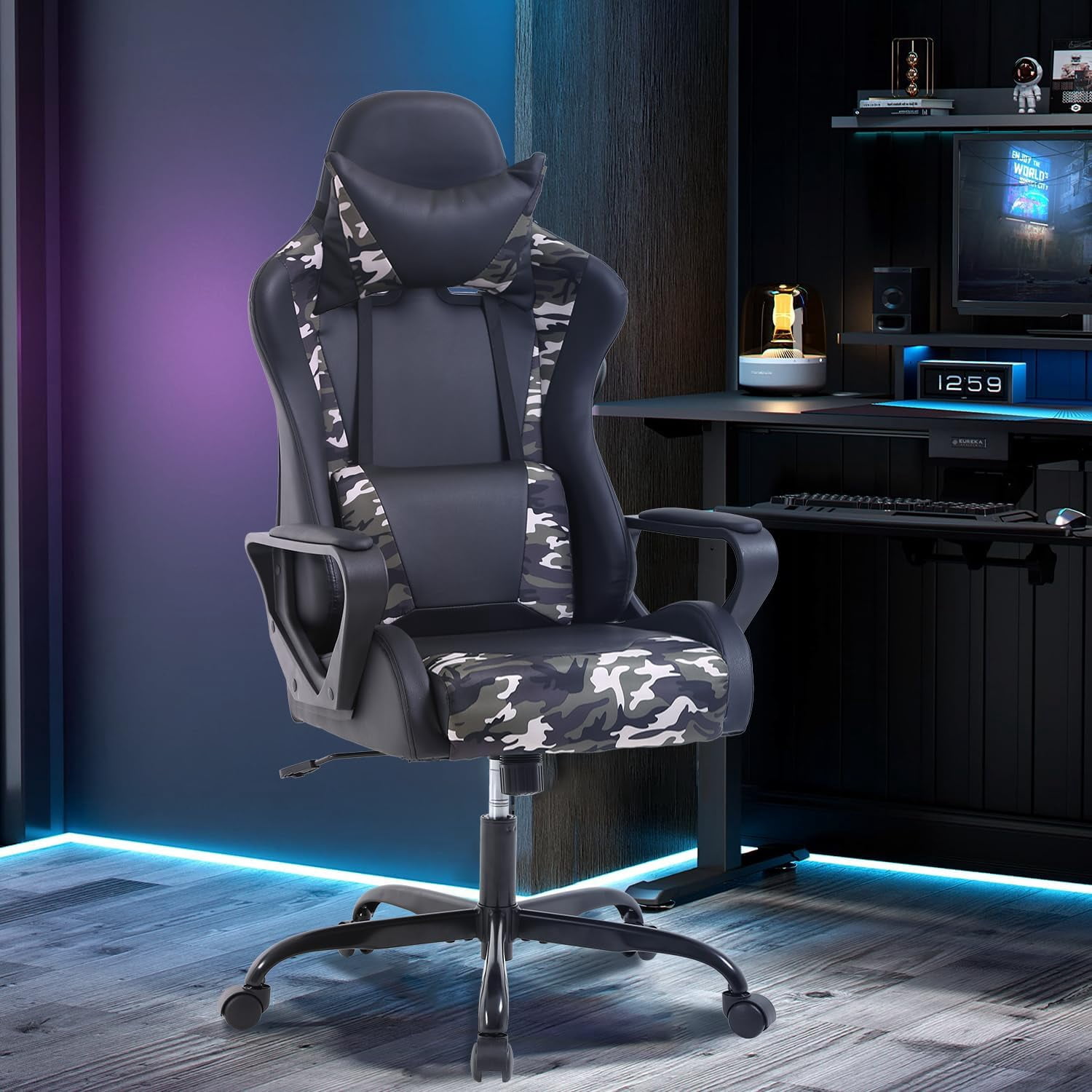 BIQWBIC Gaming Chair, High-Back Office Chair, Ergonomic Video Game Chairs with Adjustable Seat, Lumbar Support, Armrest, Headrest, Camo