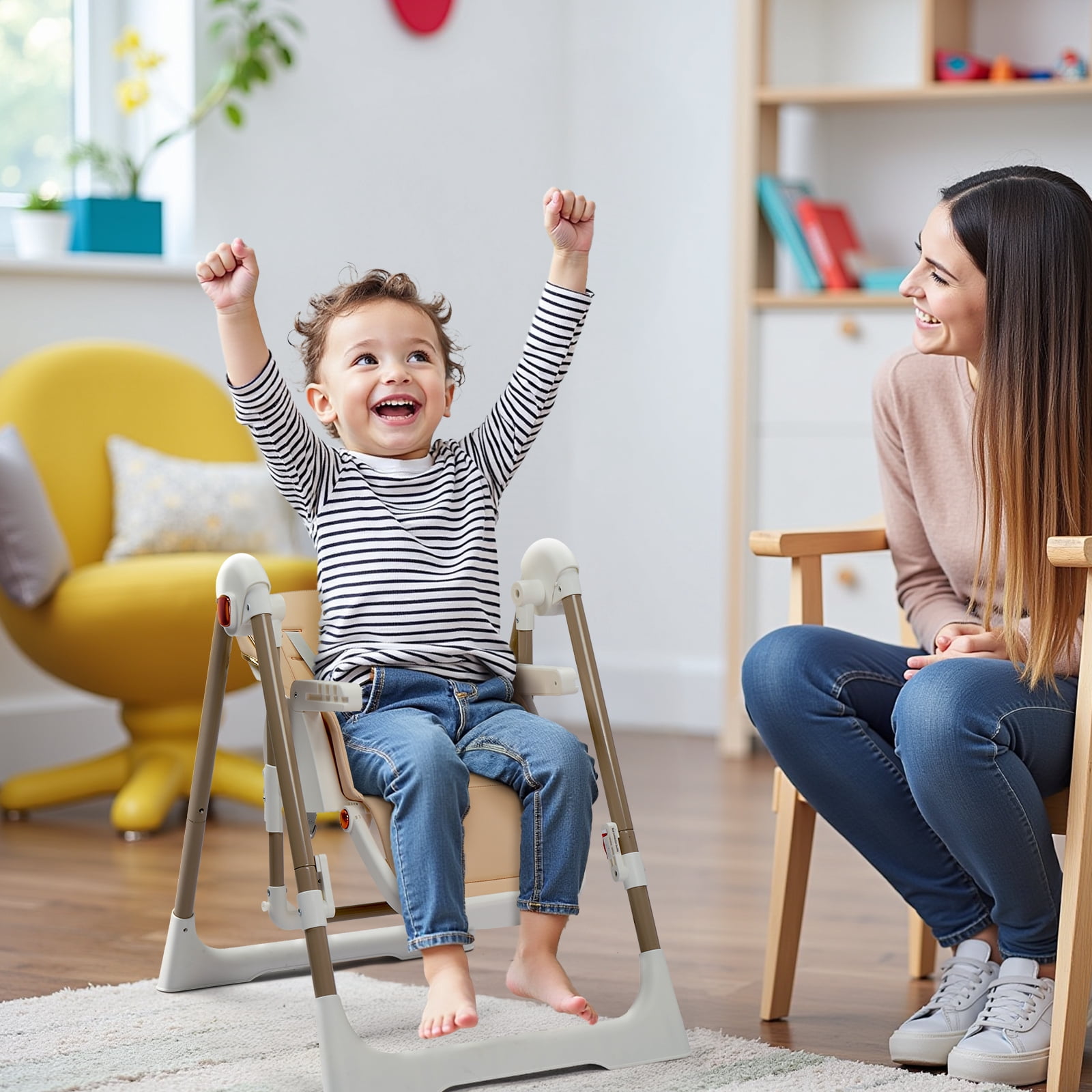 Ktaxon Baby High Chair, Convertible 6 in 1 Baby Highchair with Swing Function for Babies and Toddlers, with 5-Point Safety Harness, Adjustable Dining Tray, Backrest, Footrest & Height, Beige