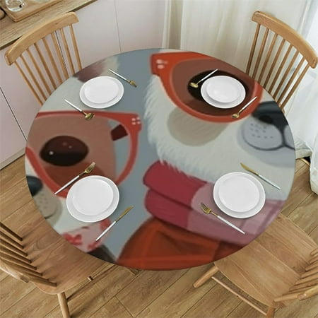 Cute Sloth Round Fitted Tablecloth Funny Lovely Animal Pink Grey Cartoon Doodle Comic Art Elastic Edge Tablecloth Waterproof Oilcloth Table Cover for 40"-44"