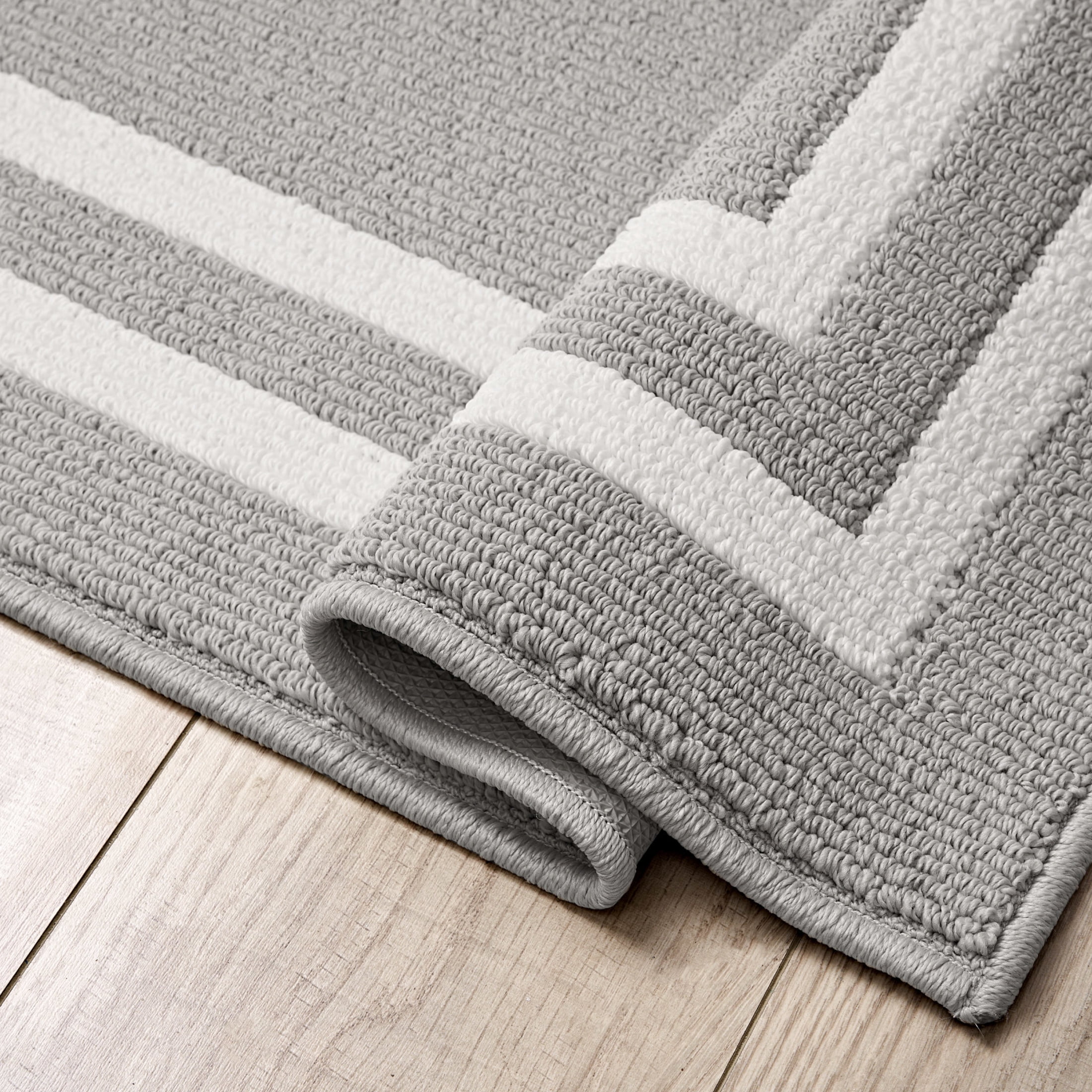 Washable Skid-Resistant Runner Rug, Border, Light Grey and White, 26" x 45" and 26" x 60" 2-Piece Set