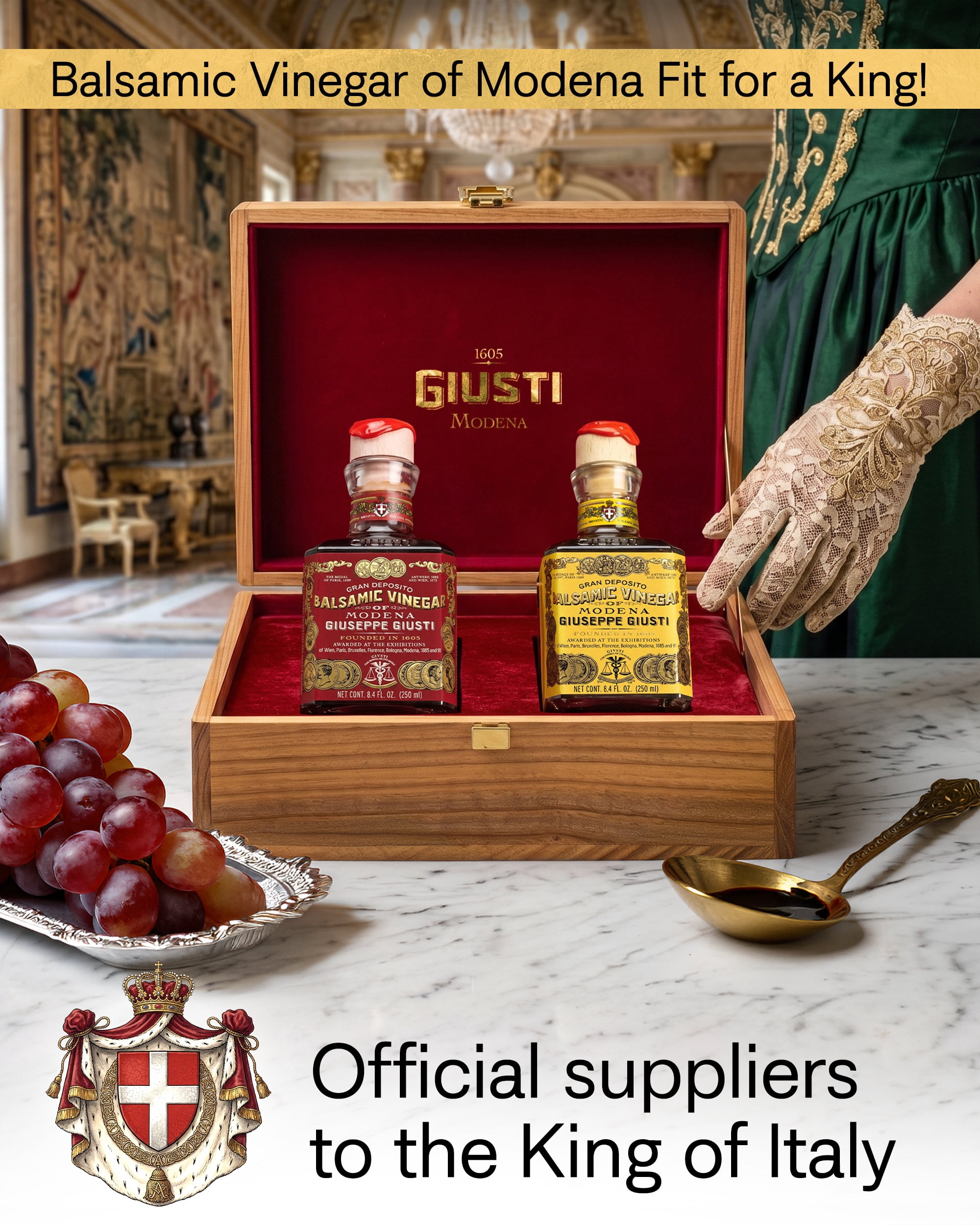 Giusti Balsamic Vinegar of Modena Duo Set – 3 & 4 Gold Medals Gran Deposito and Quarto Centenario, Wooden Gift Box of Aceto Balsamic di Modena IGP, Made in Italy – 2 x 8.45 fl oz