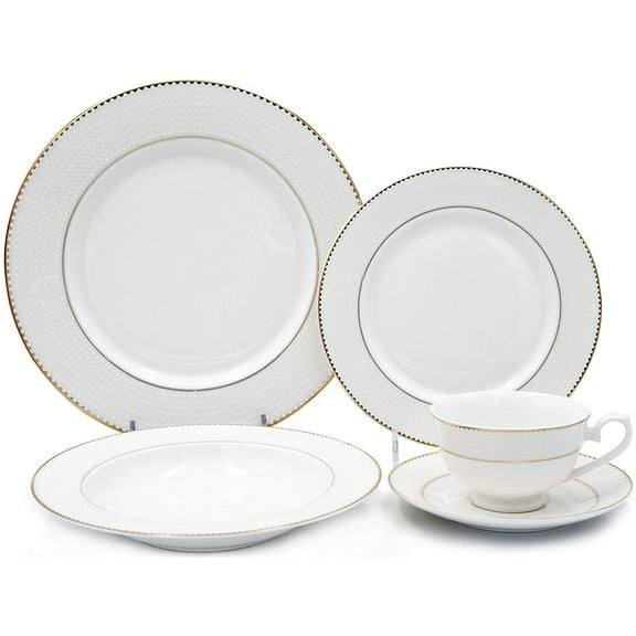 Joseph Seigh GP6713G-20, Bone Porcelain Dinnerware Set w/Novelty Pattern, Elegant Dinner Set, Dinner Plates, Soup Plates, Flat Plates, Tea Cups, Saucers, Service for 4