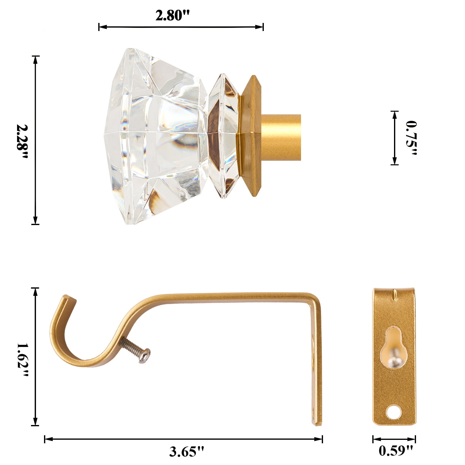 Curtain Rods 30-55" Gold Adjustable drapery rod with 60mm clear square finials and 3 piece wall brackets. 2PACKS