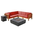 thumbnail image 2 of Leyla Outdoor 7 Piece Acacia Wood V-Shaped Sectional Sofa Set with Cushions and Fire Pit, Teak, Red, Dark Gray, 2 of 10