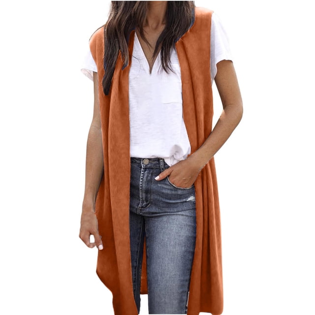 FAIWAD Women's Sleeveless Cardigan Solid Color Draped Open Front Vest Plus Size Lightweight Coat