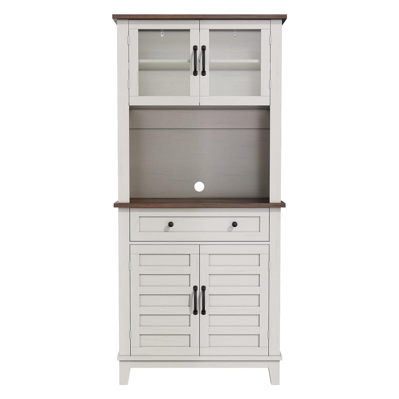 TROPOW Multi-Functional Hutch – Elegant 72" White Pantry Coffee Bar Cabinet for Tall Kitchen Storage with Adjustable Shelves, Glass Doors & Drawer – Ideal for Dining Room and Kitchen