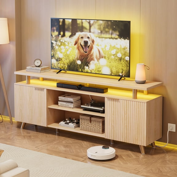 GIKPAL Fluted TV Stand for 65 inch TV with Charging Station, LED Entertainment Center with Adjustable Shelves ＆ Storage Cabinets for Living Room, Natural