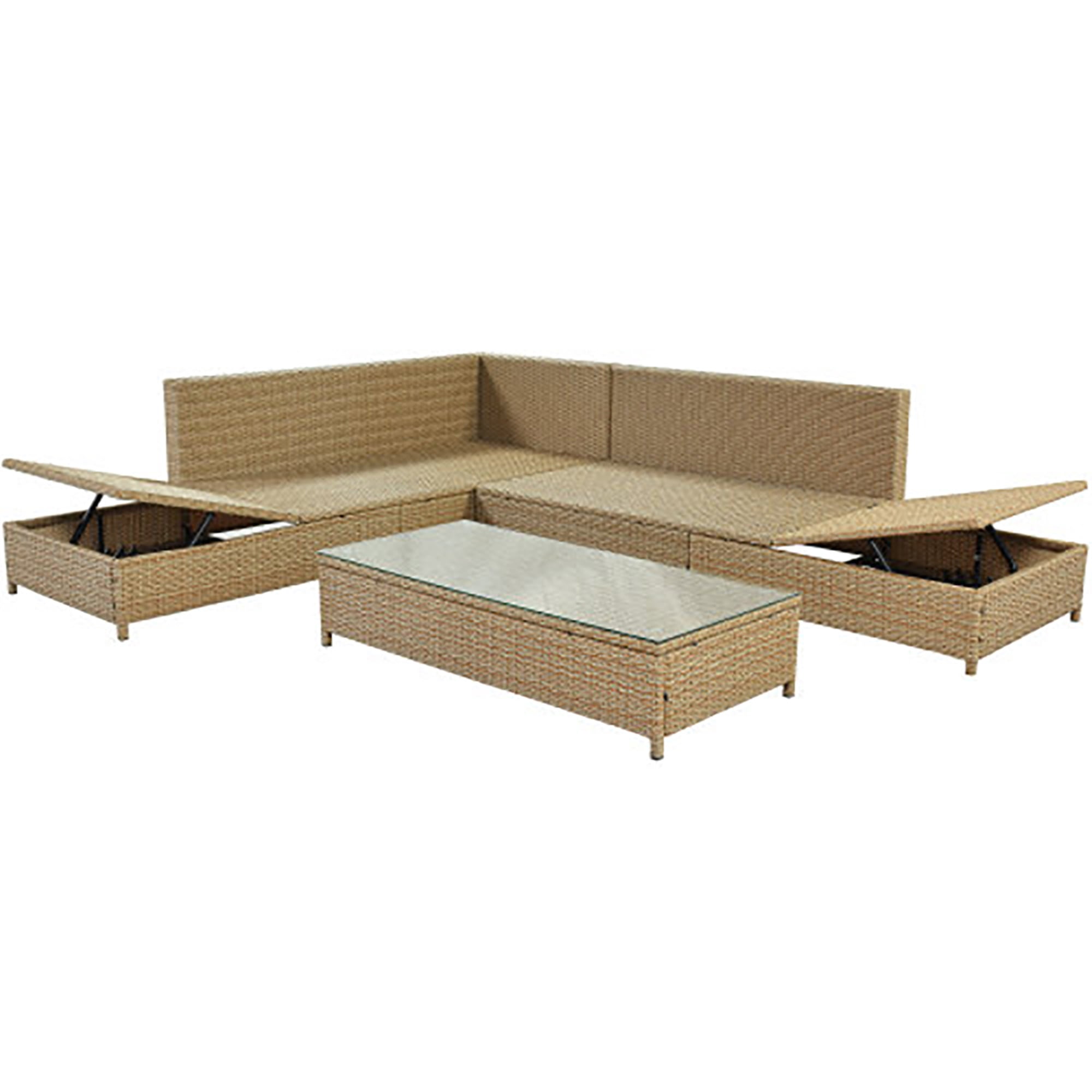 Kadyn All Weather PE Wicker Sectional Set with Adjustable Chaise Lounge Frame and Tempered Glass Table, Patio 3-Piece Rattan Sofa Set ， Brown