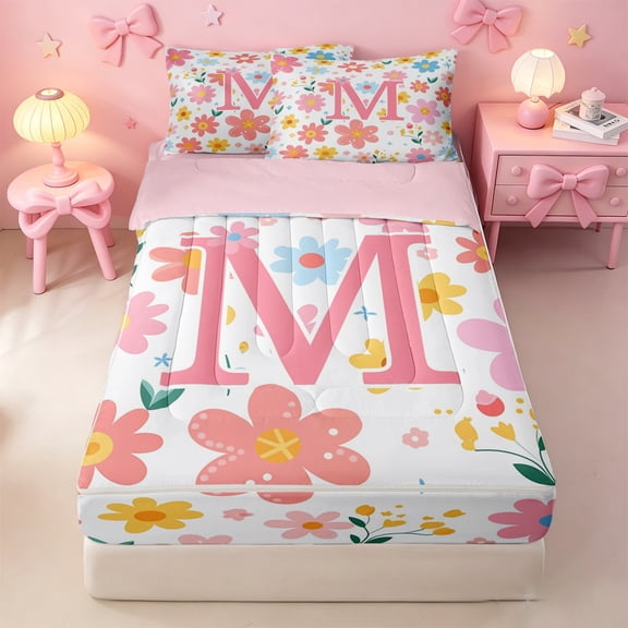 meiyoeat Girls Personalized Monogram M Gifts Zipper Twin Comforter Sets with Fitted Sheet and 2 Pillowcases For Kids,Watercolor Kawaii Floral Zipper Bedding Set,pink Reversible,4-Piece