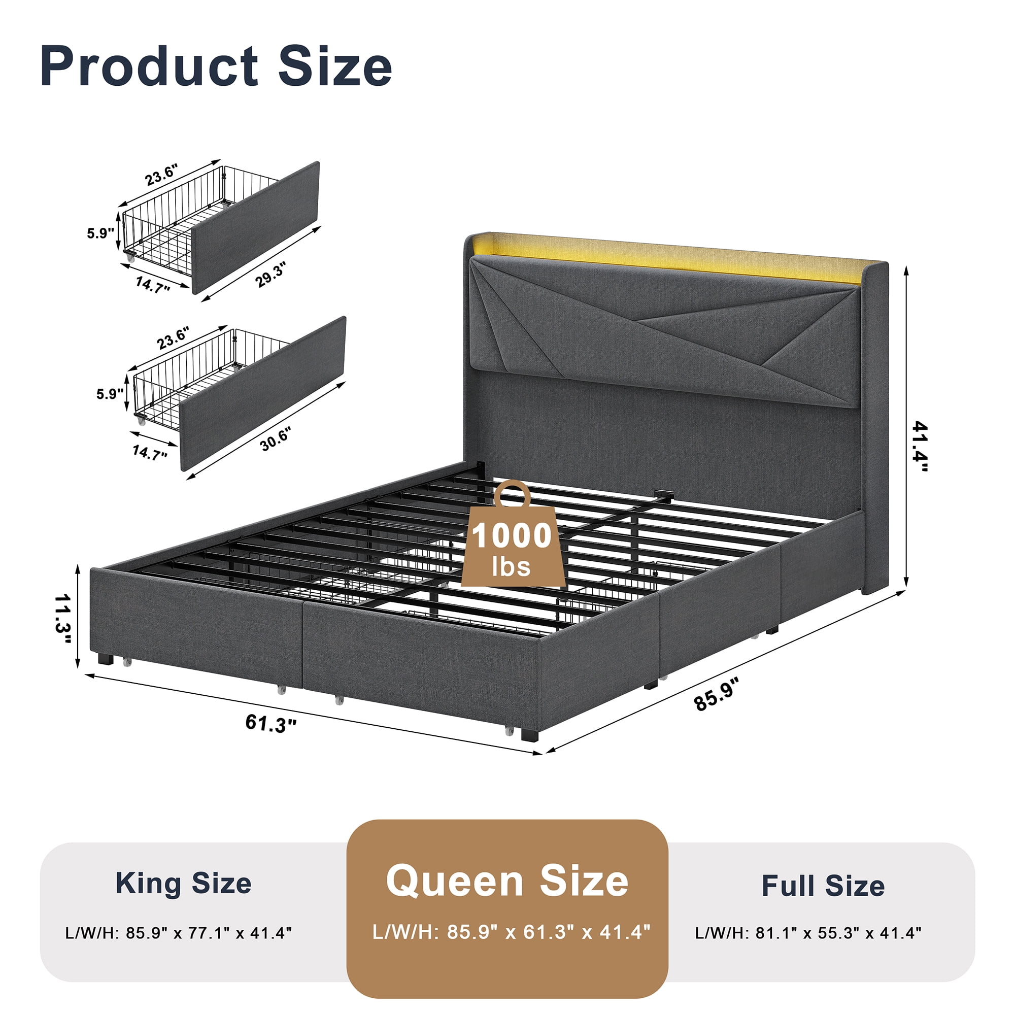 GUNAITO Queen Size Bed Frame with 4 Storage Drawers, Upholstered LED Bed with USB Ports, Modern Bed with Headboard Noise Free Platform Bed with Metal Frame, Dark Gray