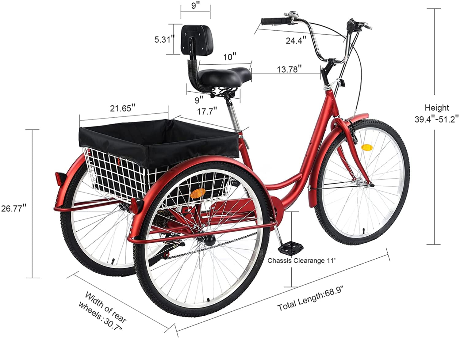 Multiple Colors Cruise Trike Bike with Shopping Basket & Lock PRIJESSE 26 inch Adult Tricycle Adjustable Seat 7 Speed 3 Wheel Bike for Women Men 