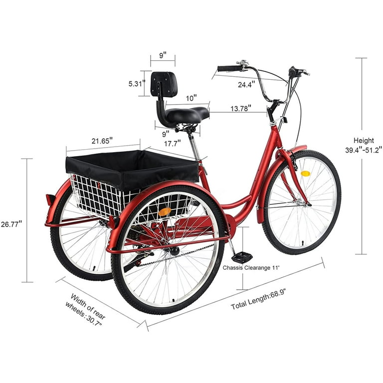 JSTUOKE Versatile 26 Inch 3 Wheel Adult Tricycle with 7 Speed Transmission and storage Basket for Ultimate Convenience and Utility RED