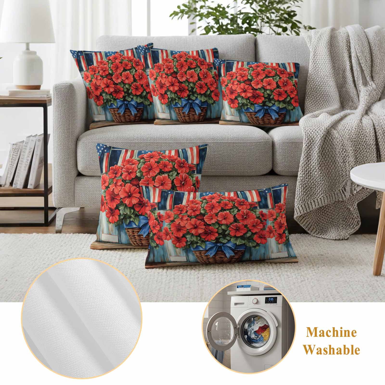 Begonia Flower Pillow Covers 2 Pack American Flag Retro Pillowcase Waterproof Outdoor Throw Pillow Cover for Patio Garden Square Cushion 26”x26”