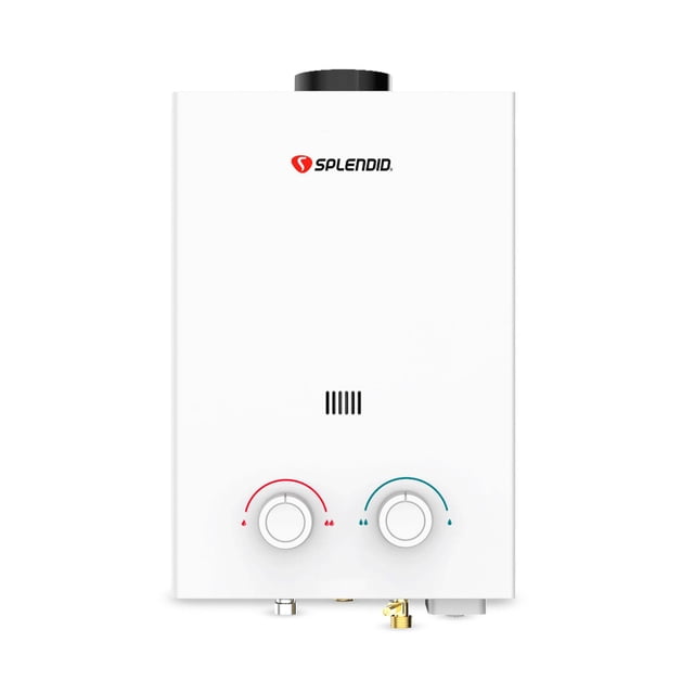 calentador de agua instantáneo splendid 6 l/min gas lp 1 servicio, conexión básica incluida Blanco Splendid by Rheem, vista frontal centrada de unidad cuadrada de pared (30 × 44 × 13.5 cm) con dos perillas ergonómicas rojo y azul para control de temperatura, conexiones de agua y gas en la parte inferior y salida de gases en la parte superior; diseño Ultra Fit para espacios muy reducidos, opera con baja presión (mín. 2 L/min) y flujo máximo 6 L/min (4 L/min a 2,200 m), recomendado para apartamentos y viviendas pequeñas; también adecuado para cocinas o lavanderías compactas.