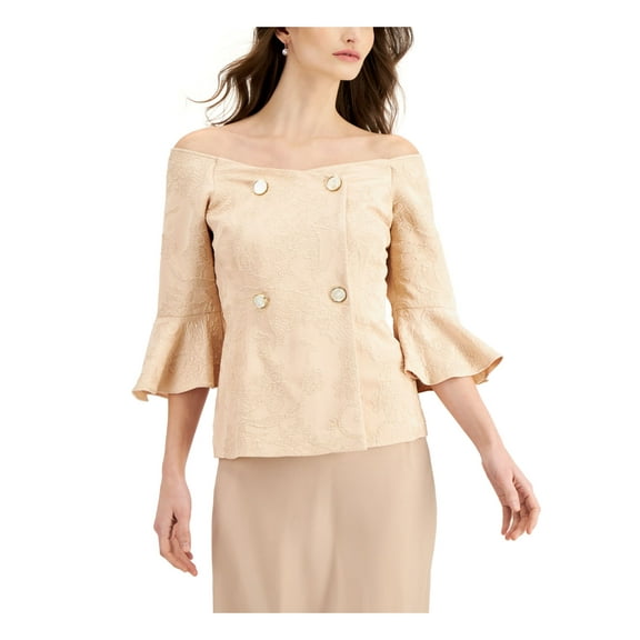 ADRIANNA PAPELL Womens Beige Zippered Metallic Double Breasted Fitted Textured Bell Sleeve Off Shoulder Evening Top 14