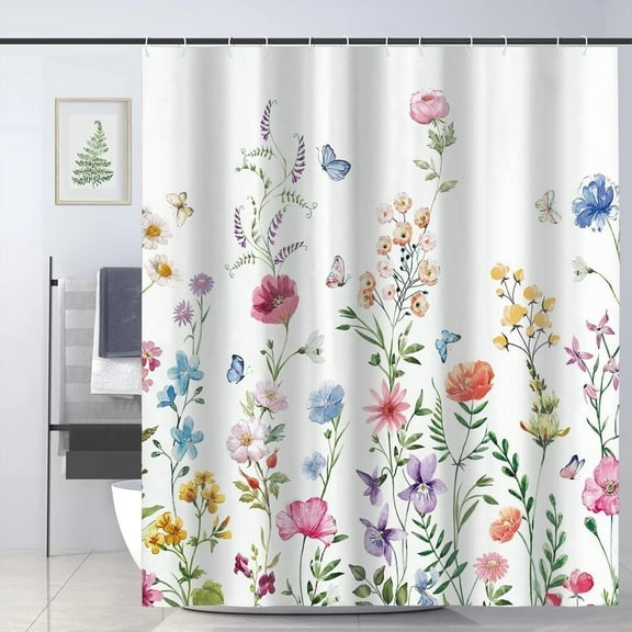 Bevtee Fabric Shower Curtain, Floral Bathroom Shower Curtains with Hooks, Watercolor Plant Shower Curtain, Machine Washable, 72" W x 72” H