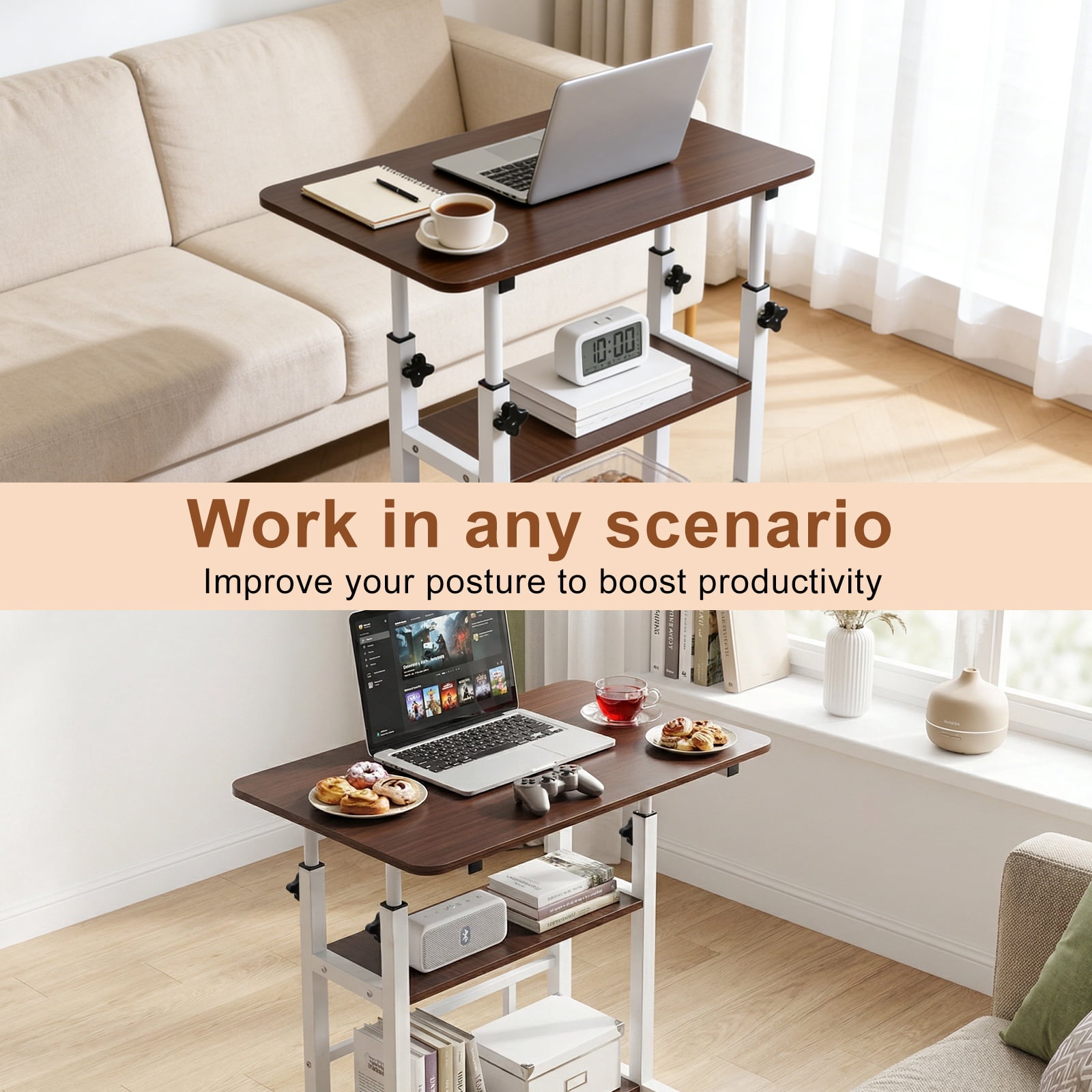 32 Inch Rolling Desk Rustic Adjustable Height Small Standing Desk on Wheels with Storage Shelves Portable Computer Desk Drafting Table for Home Office Small Spaces