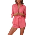 thumbnail image 6 of Yuemengxuan Woman Solid Color Turn-Down Collar Long Sleeve Shirt+ Shorts with Pockets, 6 of 9