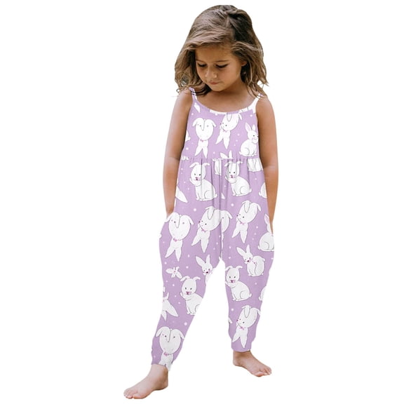 Toddler Girls Easter Jumpsuit One Piece Romper Sleeveless Strap Summer Outfits Pockets Clothes Purple 1 Y-2 Y