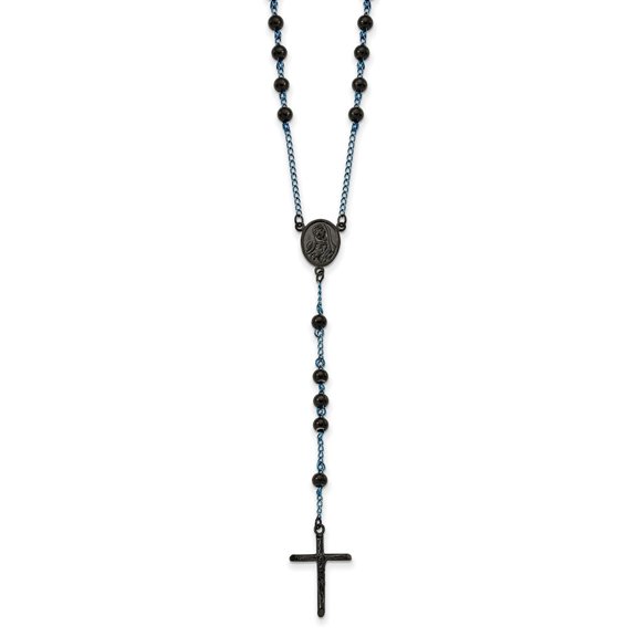 Primal Steel Stainless Steel Polished Black and Blue IP-plated 30-inch Curb Chain Rosary