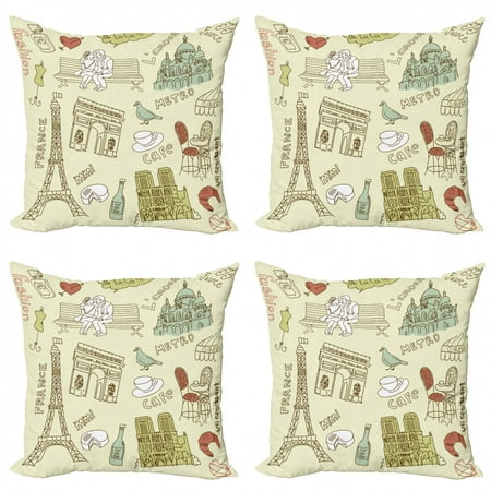 Eiffel Tower Throw Pillow Cushion Case Pack of 4, Cafe Metro Fashion France L'amour Oh La La, Modern Accent Double-Sided Print, 4 Sizes, Pale Green Multicolor, by Ambesonne