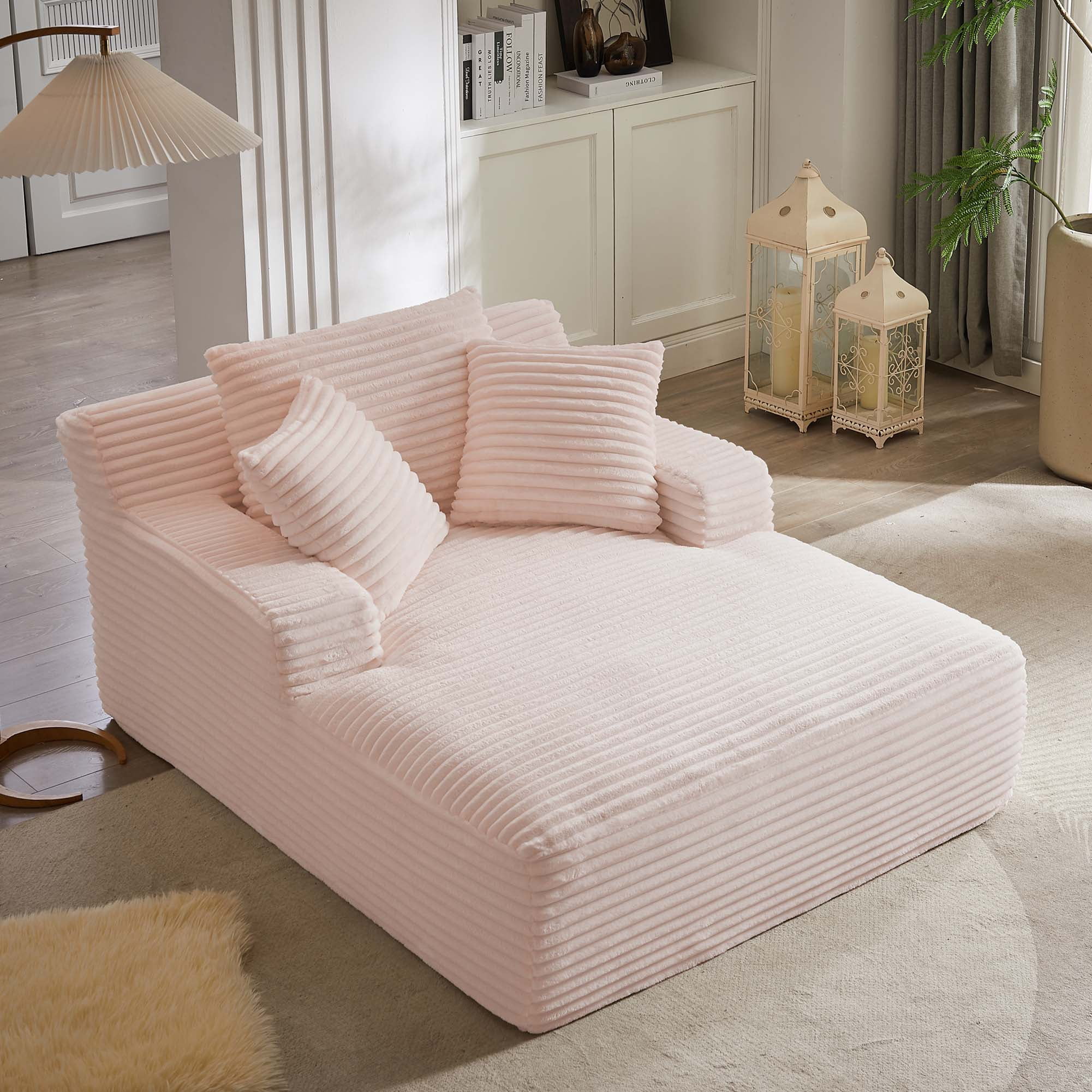 Miniyam Pink Oversized Chaise Lounge Chair Indoor, Corduroy Upholstered Modern Sofa Couch,No Assembly Required,Comfy Sleeper Sofa for Living Room,Office