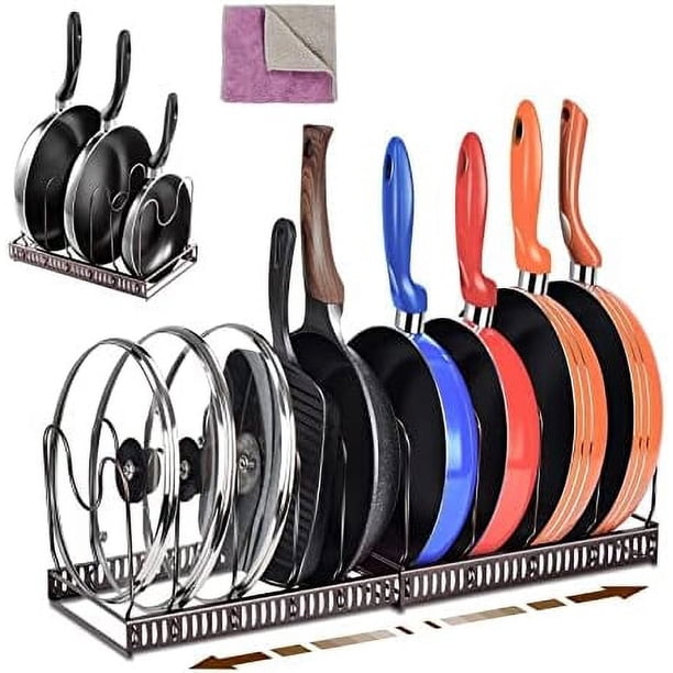 Rejilla para ollas con 7 compartimentos ajustables, soporte para ollas de acero inoxidable expandible, organizador de tapas para cajones de cocina para utensilios para freír, ollas, tapas