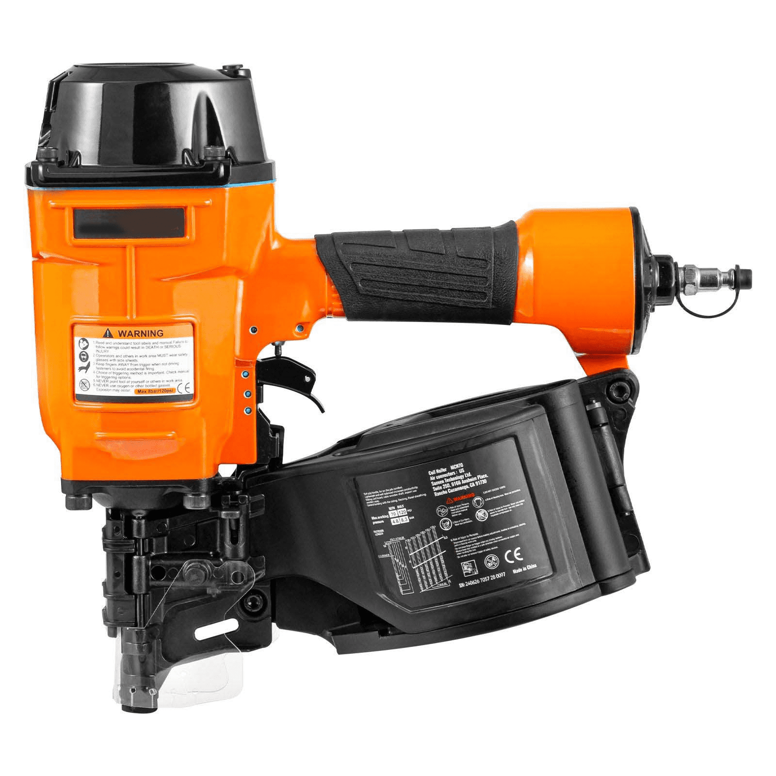 MCN70 Coil Siding Nailer - 15 Degree Pneumatic Nail Gun for Wood Pallets, Fencing, Sheathing - 1-3/4 to 2-3/4 Inch Coil Nails