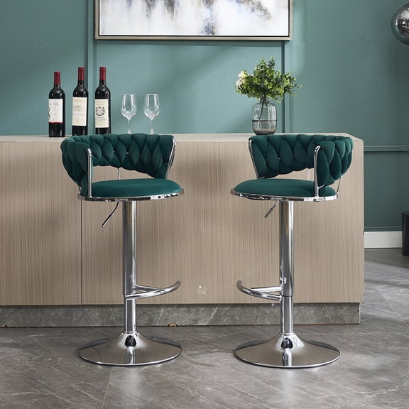 Hassch Bar Stools Set of 2, 30.1" - 38.1" Height Adjustable Swivel Barstool, Velvet Fabric Upholstered Counter Chair with Metal Legs for Kitchen Island, Green