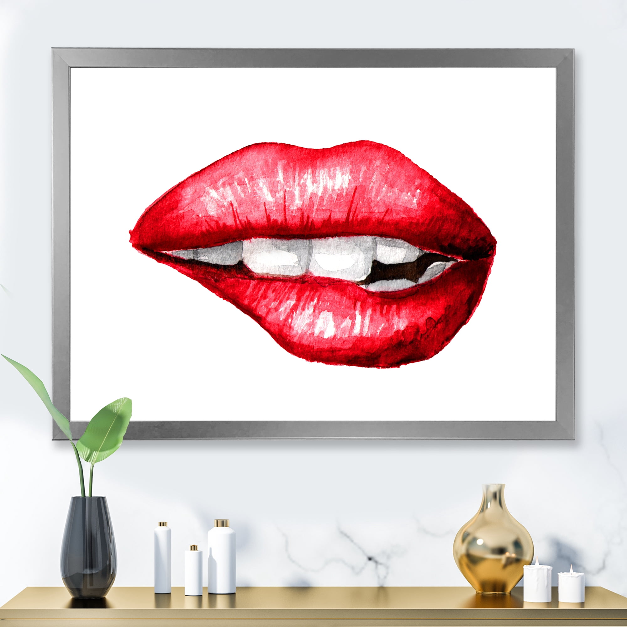 Designart 'Sexy Plump Puffy Girl Lips Biting' Modern Framed Art Print