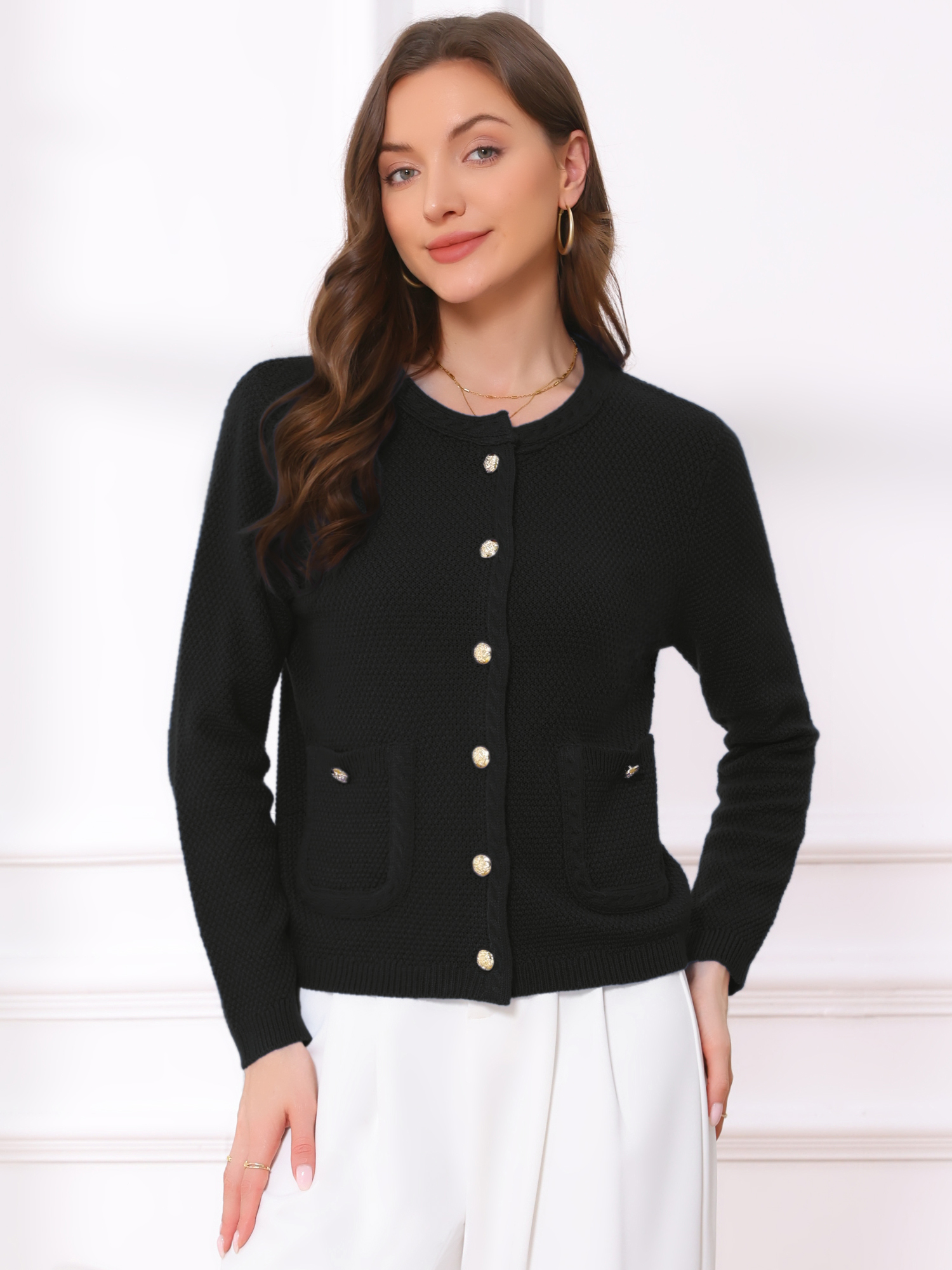 DARING DIVA Sweaters Collarless Button Up Dressy Chunky Knit Cardigan XL Black