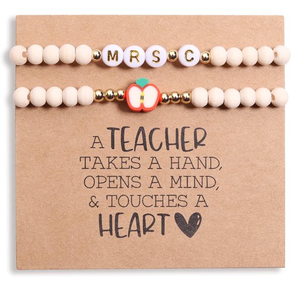 Personalized Teacher Bracelet for Women, 2 Pcs Initial Mrs Miss Ms Teacher Appreciation Gifts With Card From Student Friends, Thank You TEACH Gift for Women