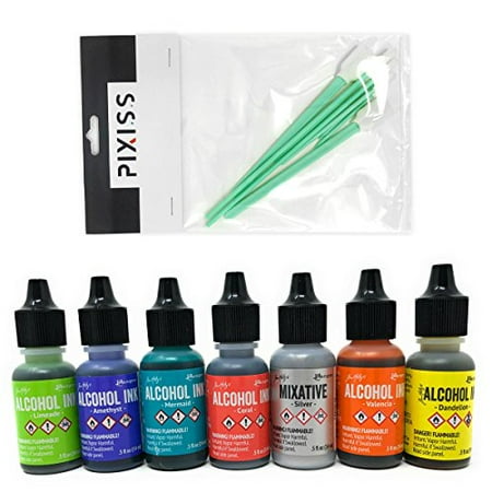 Ink Blending Tool - Favorites Collection 11 - Tim Holtz Alcohol Inks and Mixatives 7 Bottle Bundle, Limeade, Amethyst, Mermaid, Coral, Valencia, Dandelion, Silver Mixative, 8X Pixiss Ink Blending Tools
