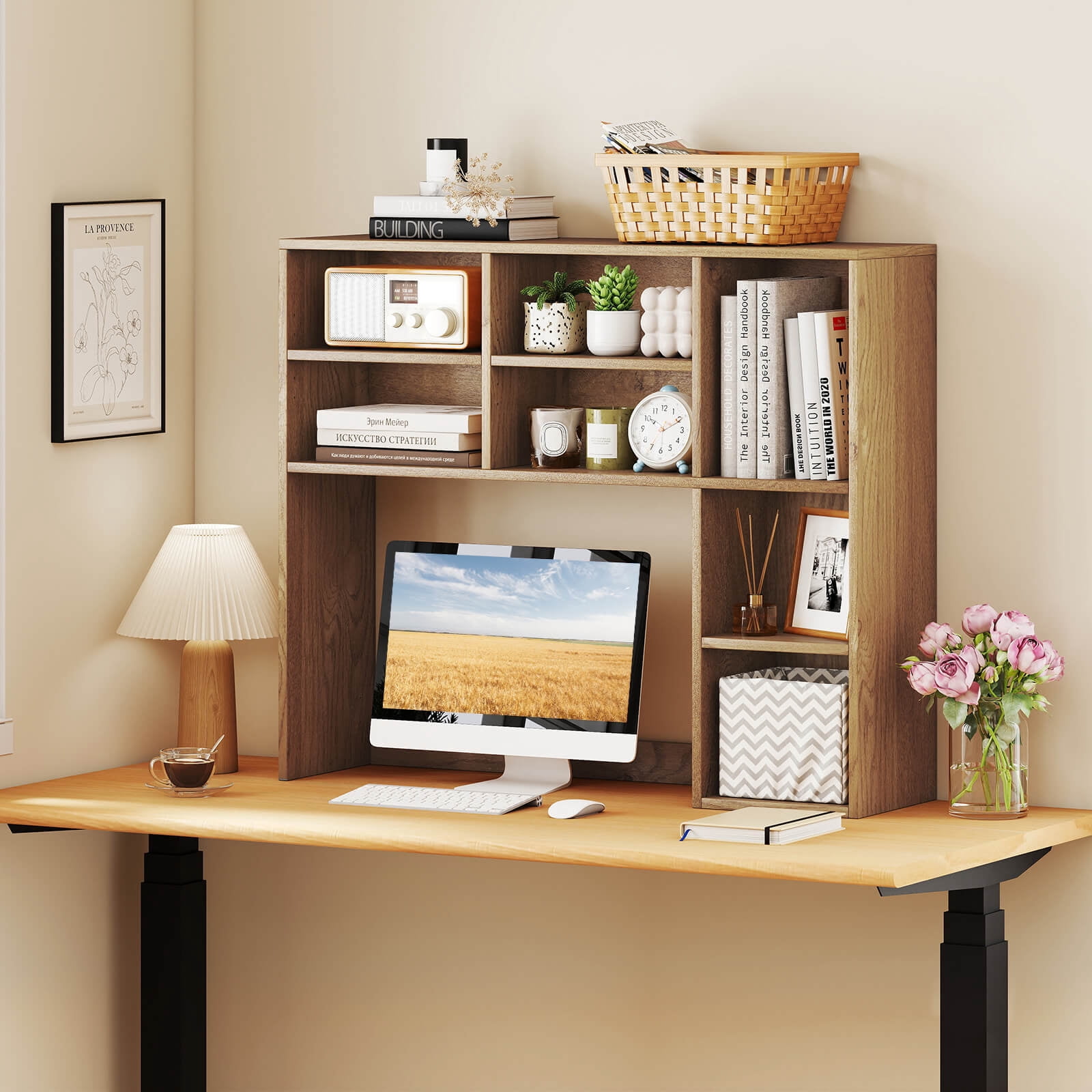 Costway Desktop Bookshelf Desk Storage Hutch with 7 Open Cubbies & 3 Adjustable Shelves Natural