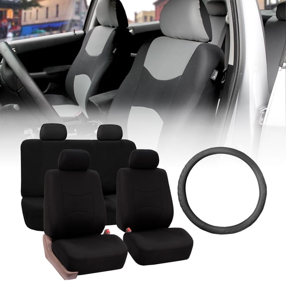 FH Group Flat Cloth Seat Covers for Auto, Full Set with Leather Steering Wheel Cover, Black Black