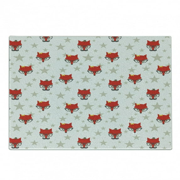 Cartoon Cutting Board, Hipster Foxes with Hats Glasses on Stars Background Funny Animal, Decorative Tempered Glass Cutting and Serving Board, Small Size, Coconut Scarlet and Grey, by Ambesonne