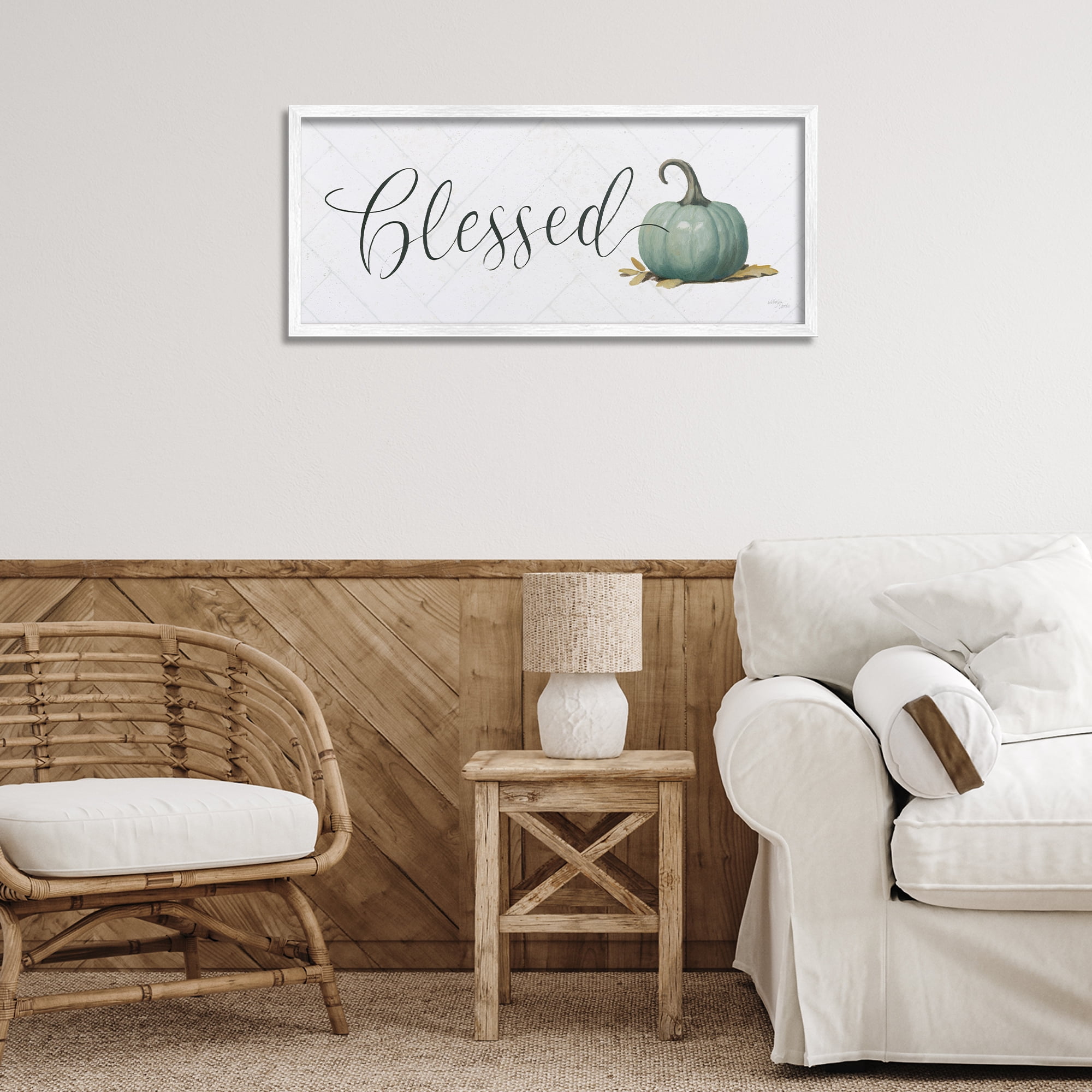 Stupell Industries Blessed with Pumpkin Typography Painting White Framed Art Prints Wall Art, 30 x 13
