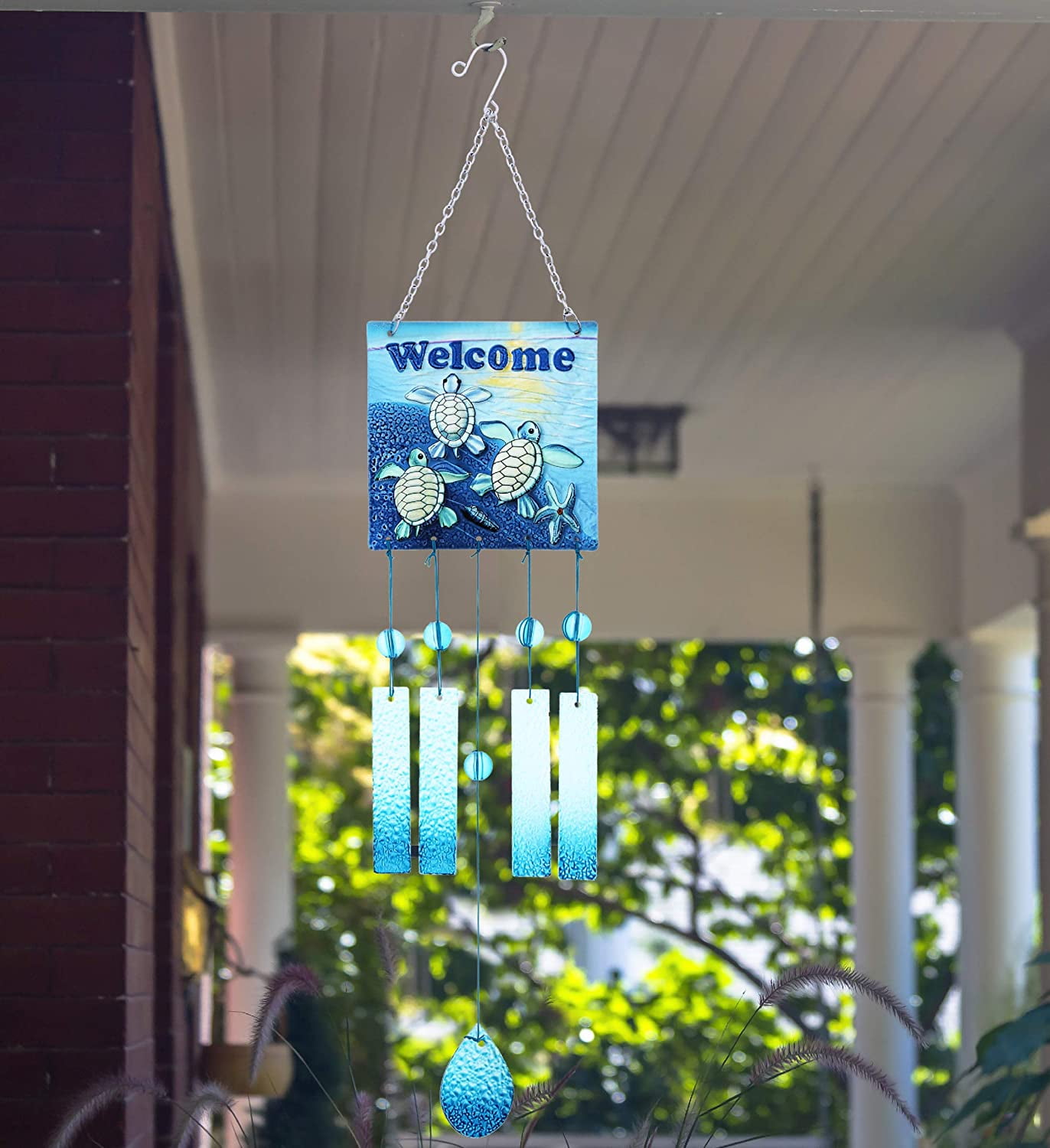 CoTa Global "Welcome" Blue Turtle Hanging Sea Glass Wind Chime 29.92 Inch Nautical Glass Windchime Outdoor Decor for Harmonic Porch, Patio & Garden, Unique Beach Art Indoor Wind Chime Window Mobile