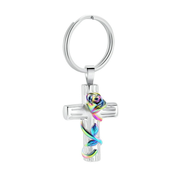 Urn Keychain for Ashes Rose Flower Cross Cremation Jewelry Pendant for Human/Pet Funeral Keepsake Memorial Key chain