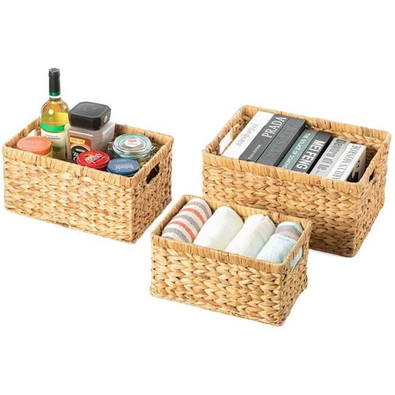7.9 x 15.1 x 11 in. Natural Woven Water Hyacinth Wicker Rectangular Storage Bin Basket with Handles, Brown - Set of 3